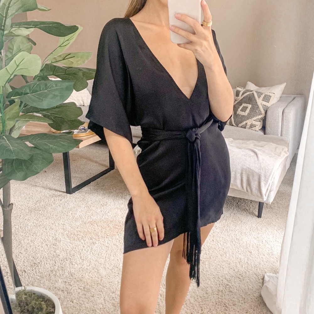 Reformation Black V-Neck Mini Dress with Fringe Tie